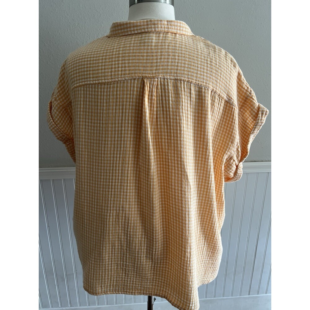 Women's Short Sleeve Button Up Orange Gingham Check Cotton Gauze Boxy Slouchy 2X - Picture 3 of 8